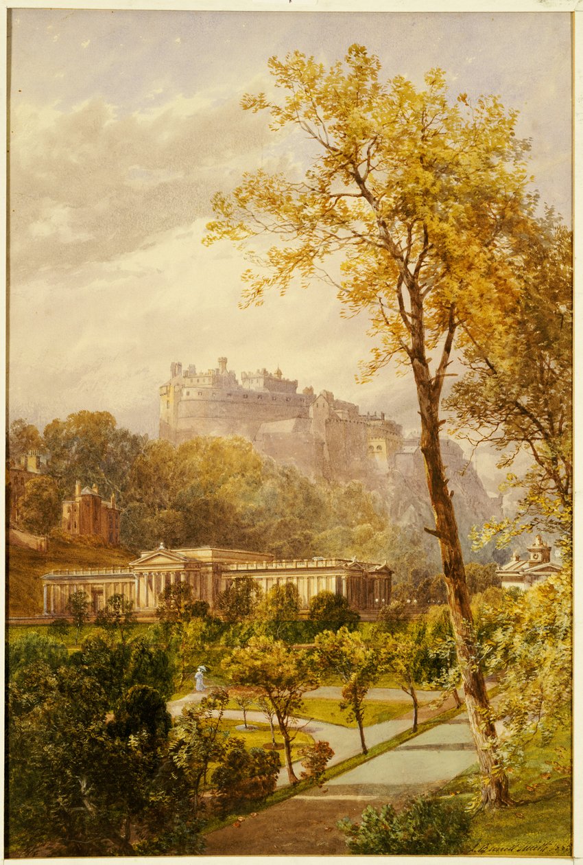 Una vista dei Giardini di Princes Street e della Galleria Nazionale, Edimburgo guardando verso ovest verso il castello, 1855 da James Burrell Smith