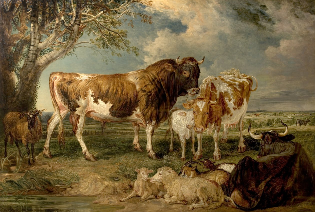 Toro, mucca e vitello in un paesaggio, 1837 da James Charles Ward
