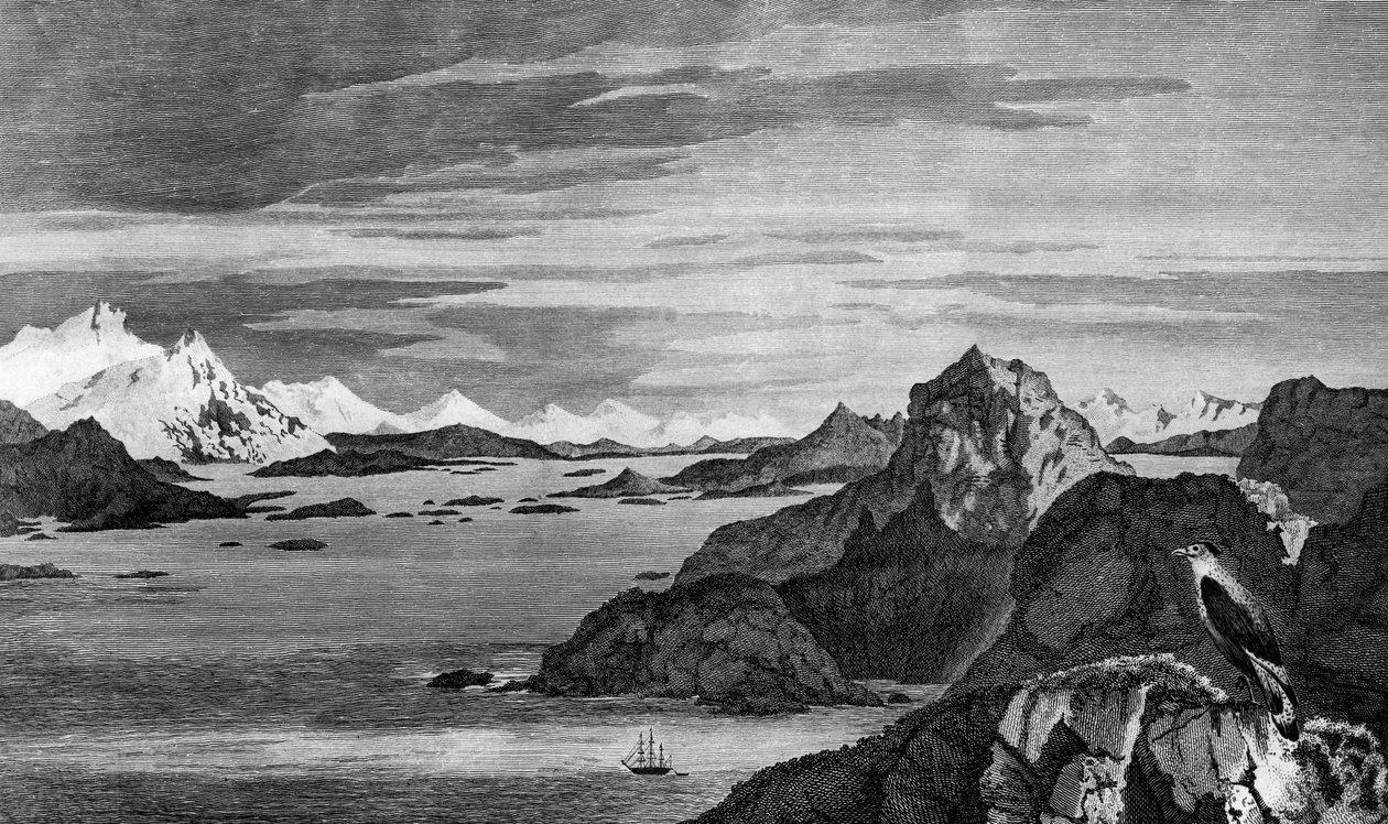 Veduta di Christmas Sound, Terra del Fuoco, disegno di William Hodges, incisione di William Watts, illustrazione da 