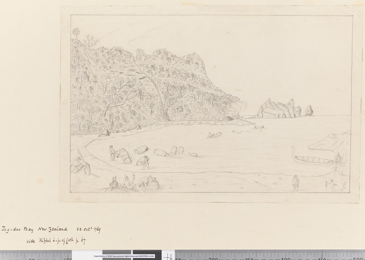 Veduta del luogo di abbeveraggio Tegadoo Bay, Nuova Zelanda, 23 ottobre 1769 da James Cook