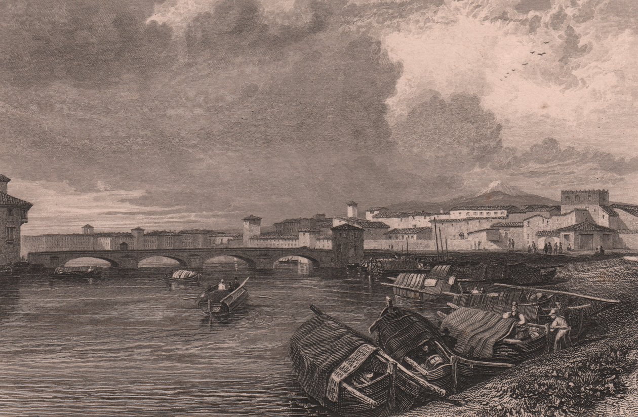 Veduta del fiume Arno a Pisa, Toscana, Italia, incisione in acciaio di Thomas Higham (1796-1844) da un disegno di James Duffield Harding (1798-1863) da James Duffield Harding