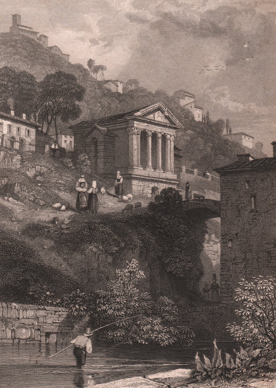 Veduta del Tempio di Clitunno lungo il fiume Clitunno vicino a Campello sul Clitunno da James Duffield Harding