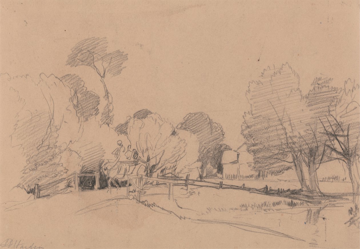 Salici vicino a un ruscello, cavallo e carro che attraversano il ponte da James Duffield Harding