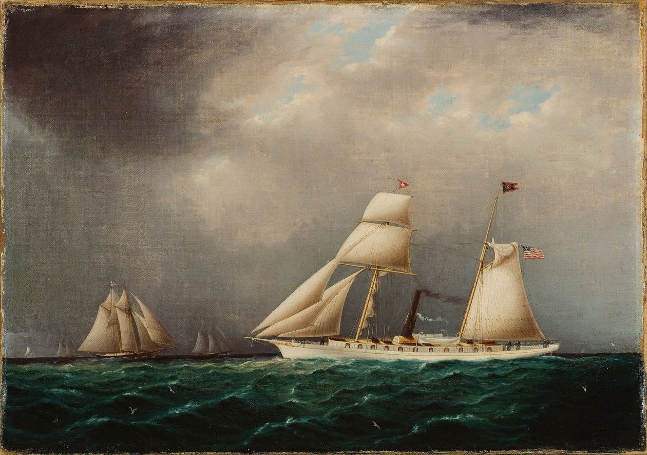 Lo yacht a vela a vapore americano EMILY in mare con quattro golette a prua da James E. Buttersworth