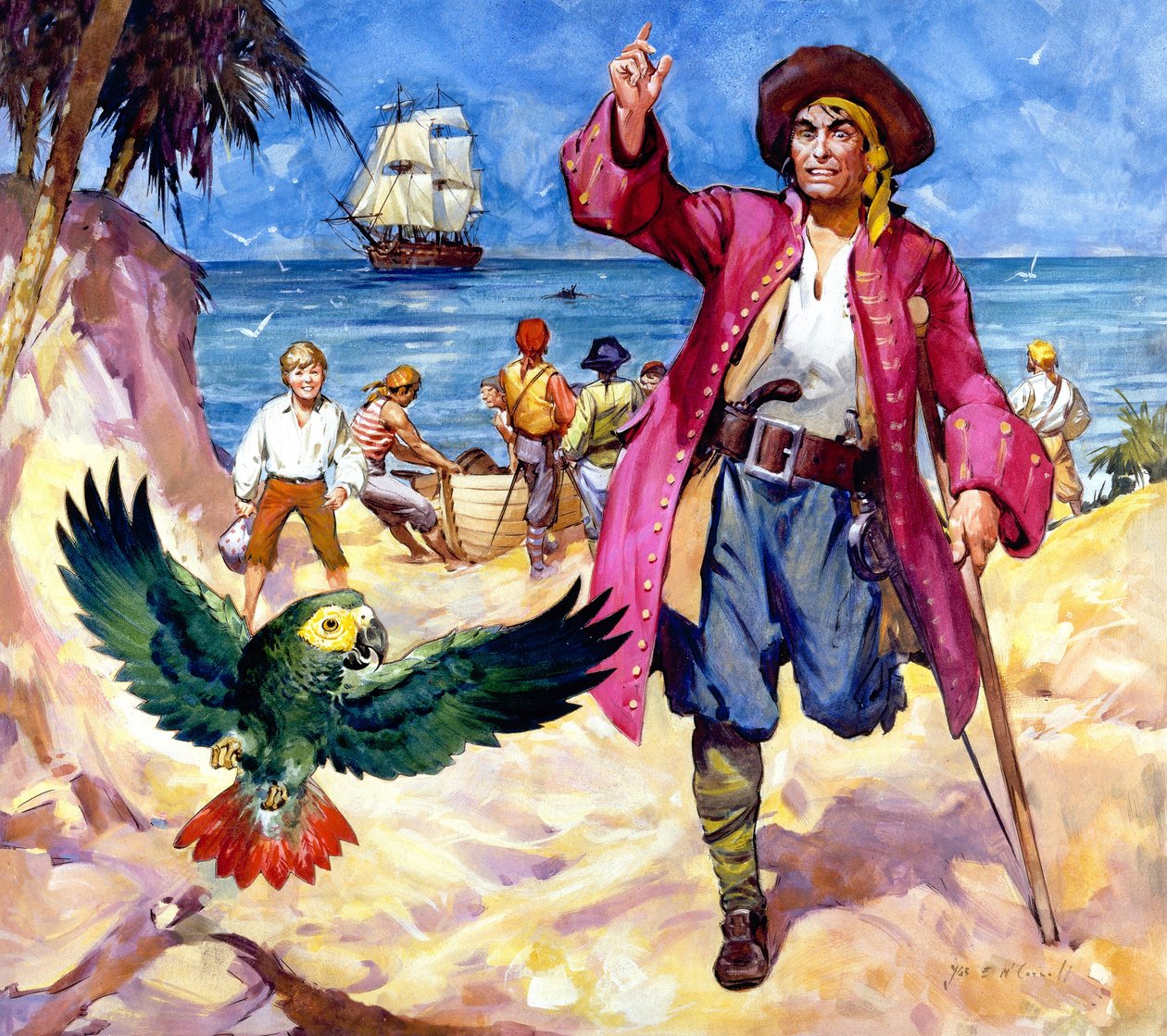 Long John Silver e il suo pappagallo (gouache su carta) da James Edwin McConnell