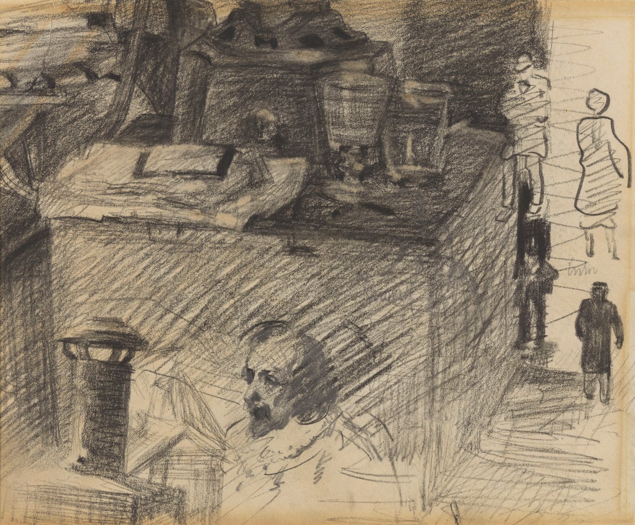 Angolo dello studio con piedistallo per stufa, cassapanca e statuine da James Ensor