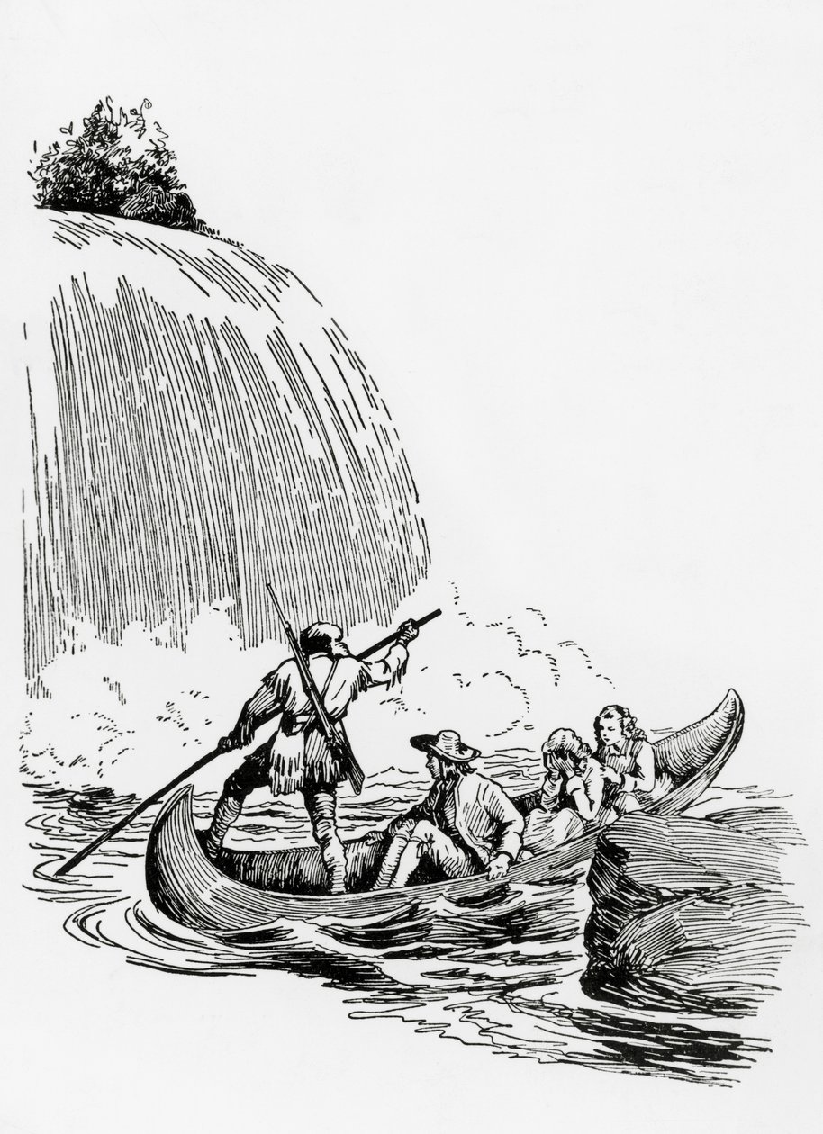 I personaggi principali in una canoa vicino a una cascata, illustrazione per L