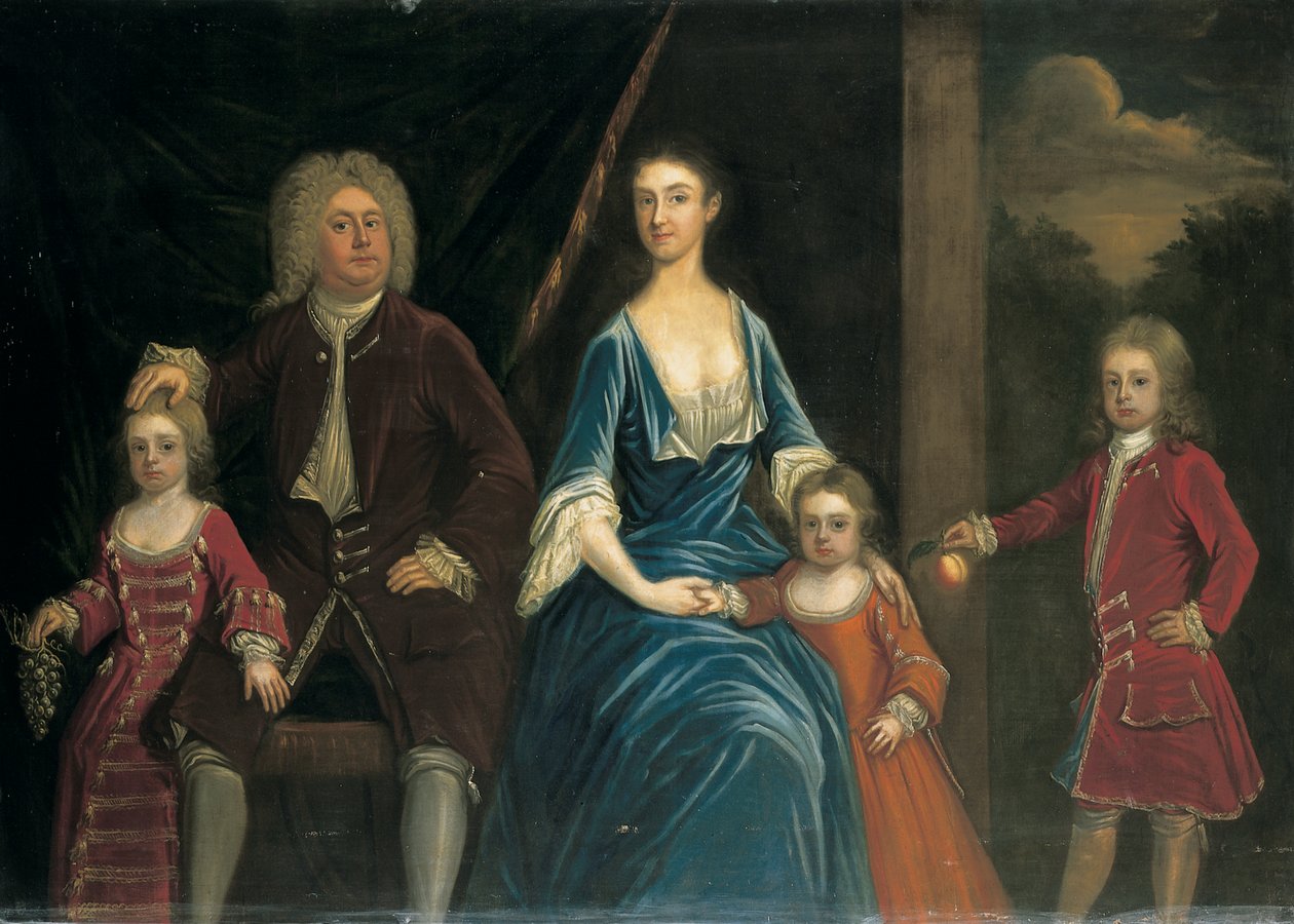 Ritratto di gruppo di Henry, 5° Lord Arundell di Wardour e sua moglie Elizabeth, insieme ai loro figli, in un interno, un paesaggio oltre da James Francis Maubert