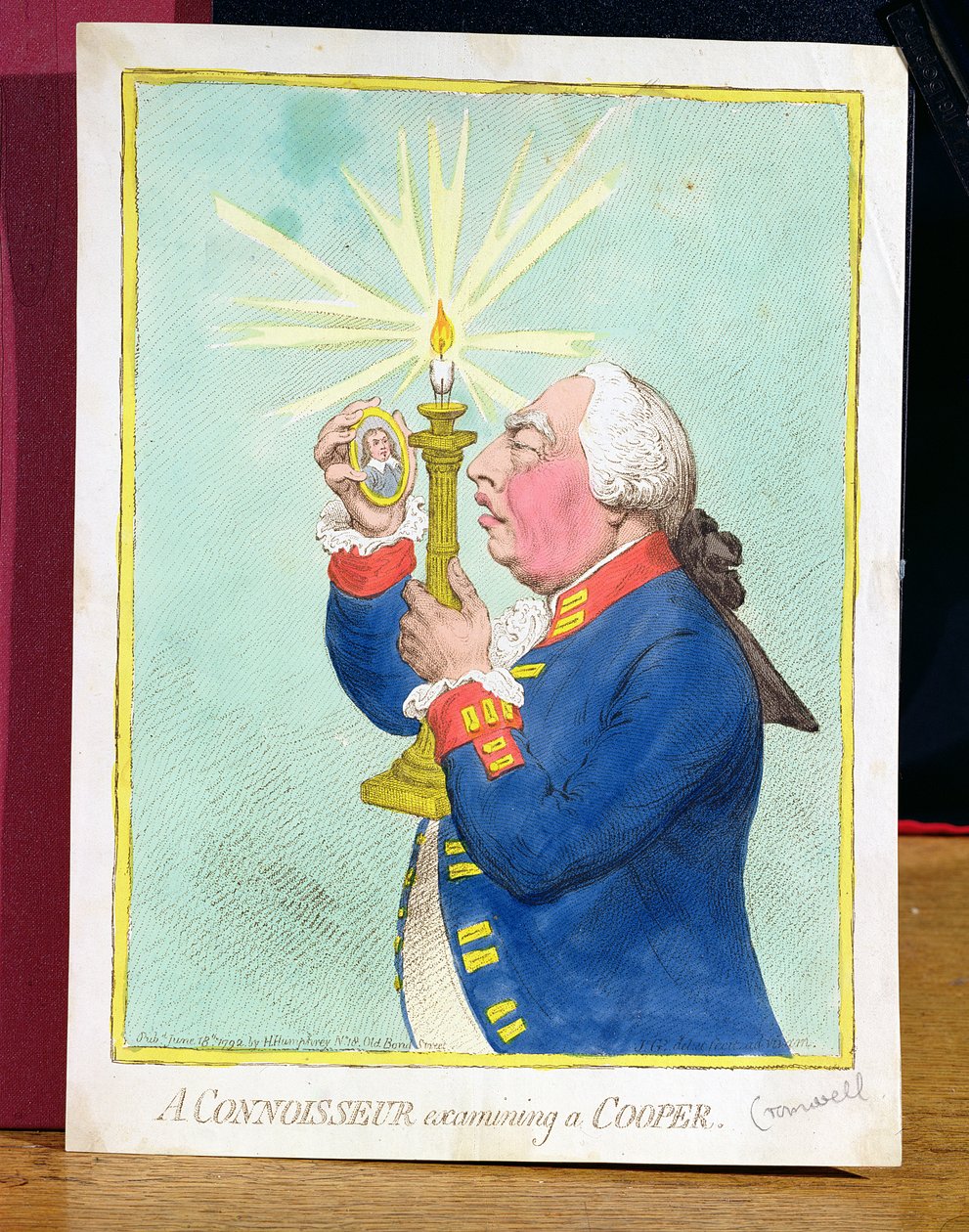 Un intenditore che esamina un Cooper, Giorgio III temendo una nuova rivoluzione, osserva un ritratto di Cromwell, pub. da Hannah Humphrey da James Gillray