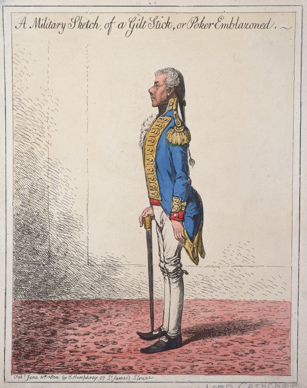 Uno schizzo militare di un bastone dorato, o un poker araldico, pubblicato da Hannah Humphrey nel 1800 da James Gillray