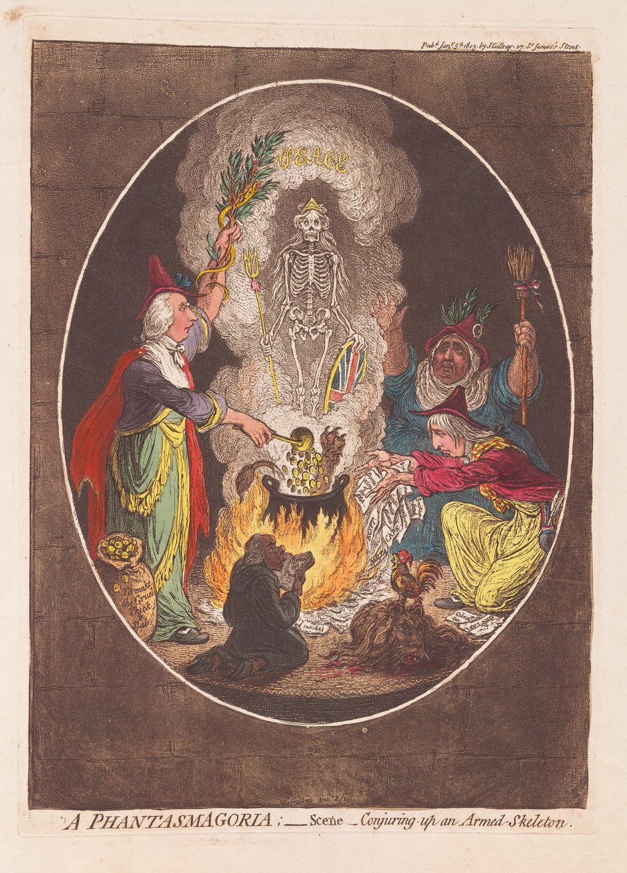 Una fantasmagoria: Scena - Evocazione di uno scheletro armato, pub. 1803 da James Gillray