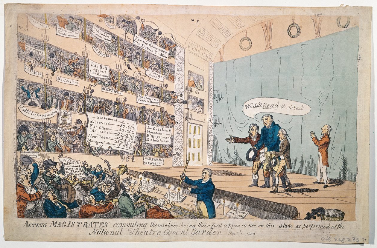 Magistrati in azione, alla loro prima apparizione al National Theatre Covent Garden, pubblicato nel 1809 da James Gillray