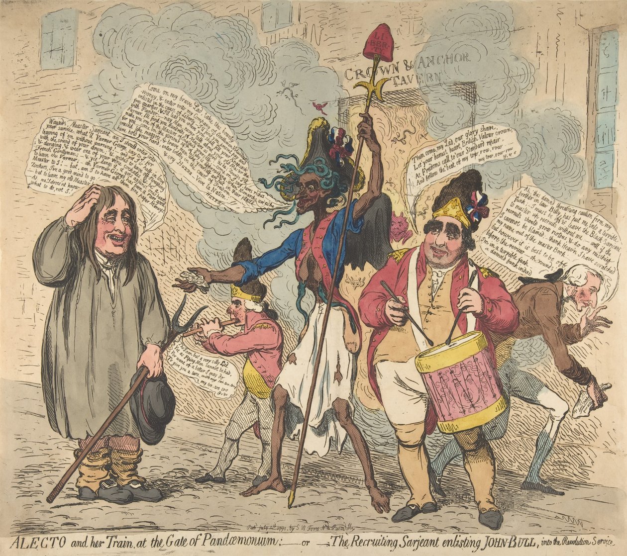 Alecto e il suo seguito, alla Porta di Pandaemonium: o Il sergente reclutatore Enli..., 4 luglio 1791 da James Gillray