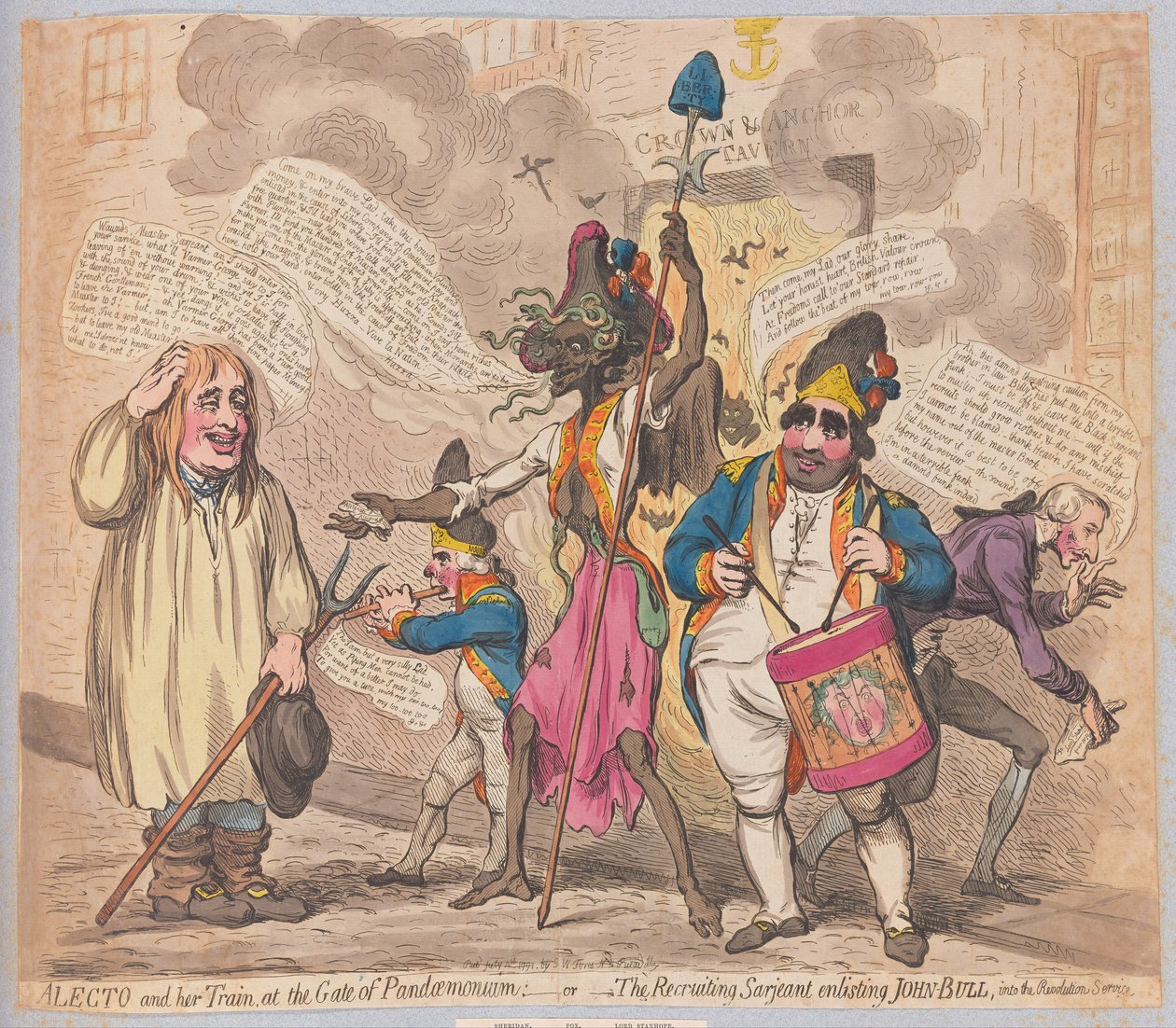 Alecto e il suo seguito alla porta di Pandaemonium o il sergente reclutatore che arruola John Bull nel servizio della rivoluzione, pub. (hand coloured engraving) da James Gillray