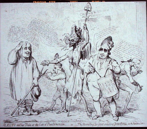 Alecto e il suo seguito alla porta del Pandemonio, o Il sergente reclutatore che arruola John Bull nel servizio della rivoluzione, pubblicato da S.W. Fores nel 1791 da James Gillray