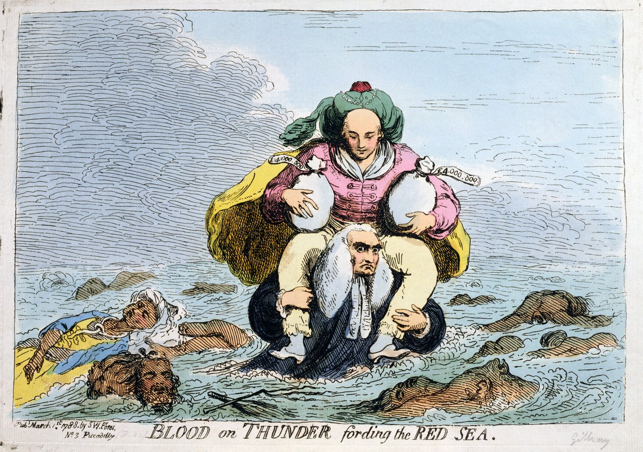 Sangue sul tuono che guadagna il Mar Rosso, pubblicato da S.W. Fores nel 1788 (acquaforte colorata a mano) da James Gillray