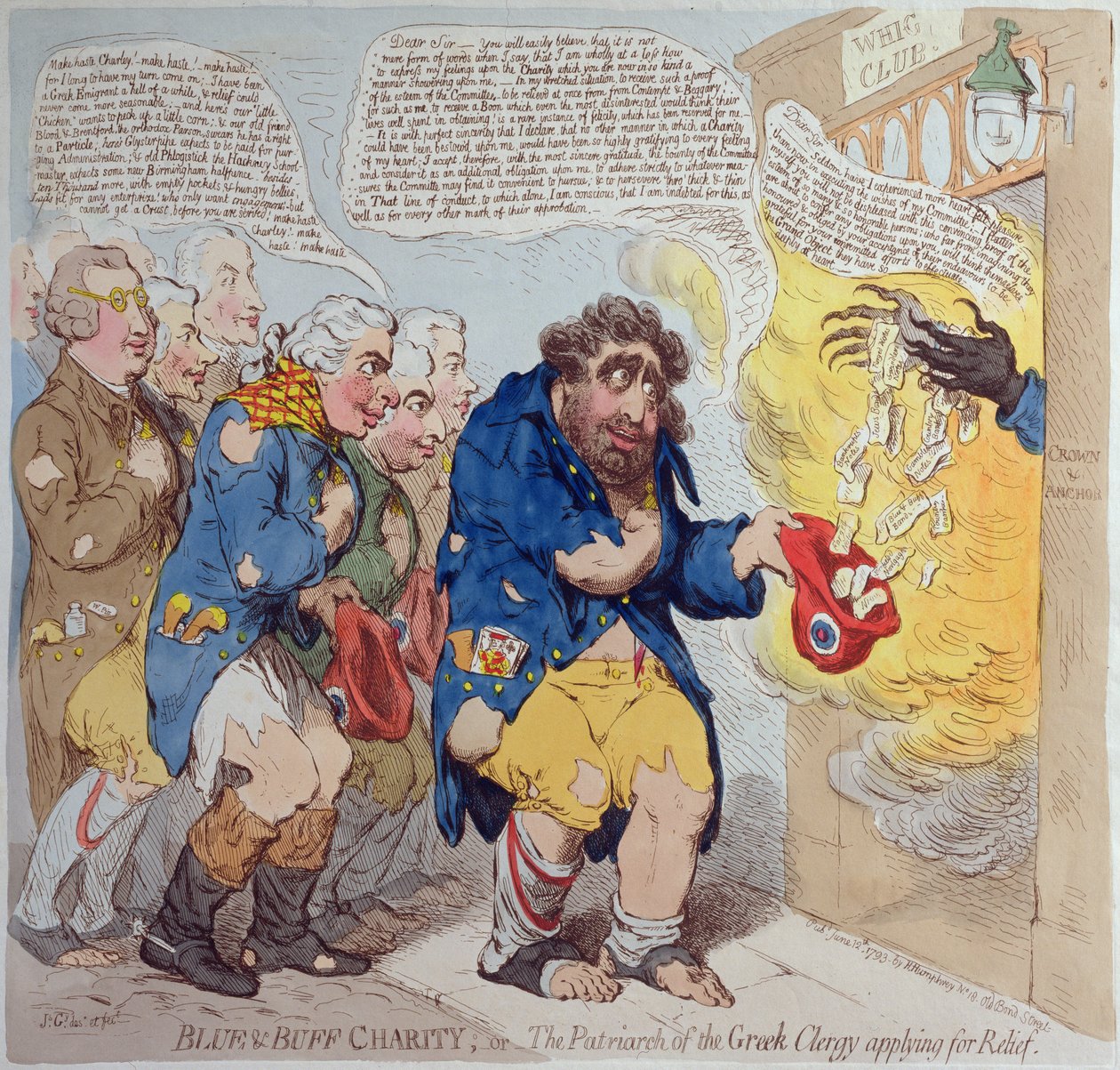 Carità blu e buff, o Il patriarca del clero greco che chiede aiuto, pubblicato da Hannah Humphrey nel 1793 (incisione colorata a mano) da James Gillray