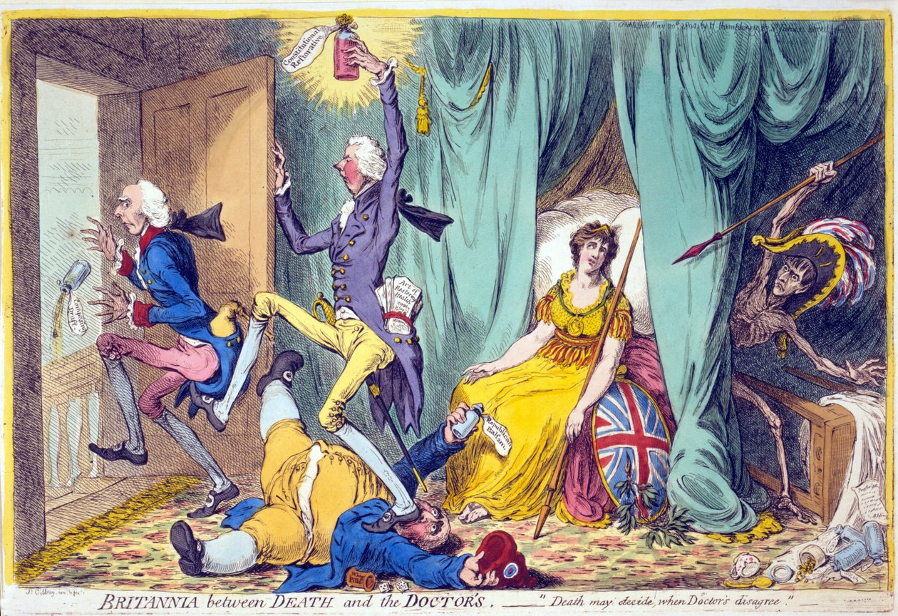 Britannia tra la morte e i dottori, pub. Hannah Humphrey, 20 maggio 1804 da James Gillray
