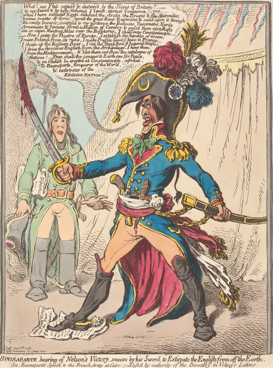 Buonaparte, venuto a conoscenza della vittoria di Nelson, giura sulla sua spada di sterminare gli inglesi dalla faccia della Terra (da: Caricatura, vol. 1) da James Gillray