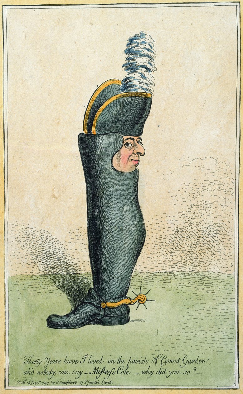 Cartone animato che raffigura il colonnello Justly Watson con il corpo di uno stivale, pubblicato da Hannah Humphrey nel 1797 da James Gillray