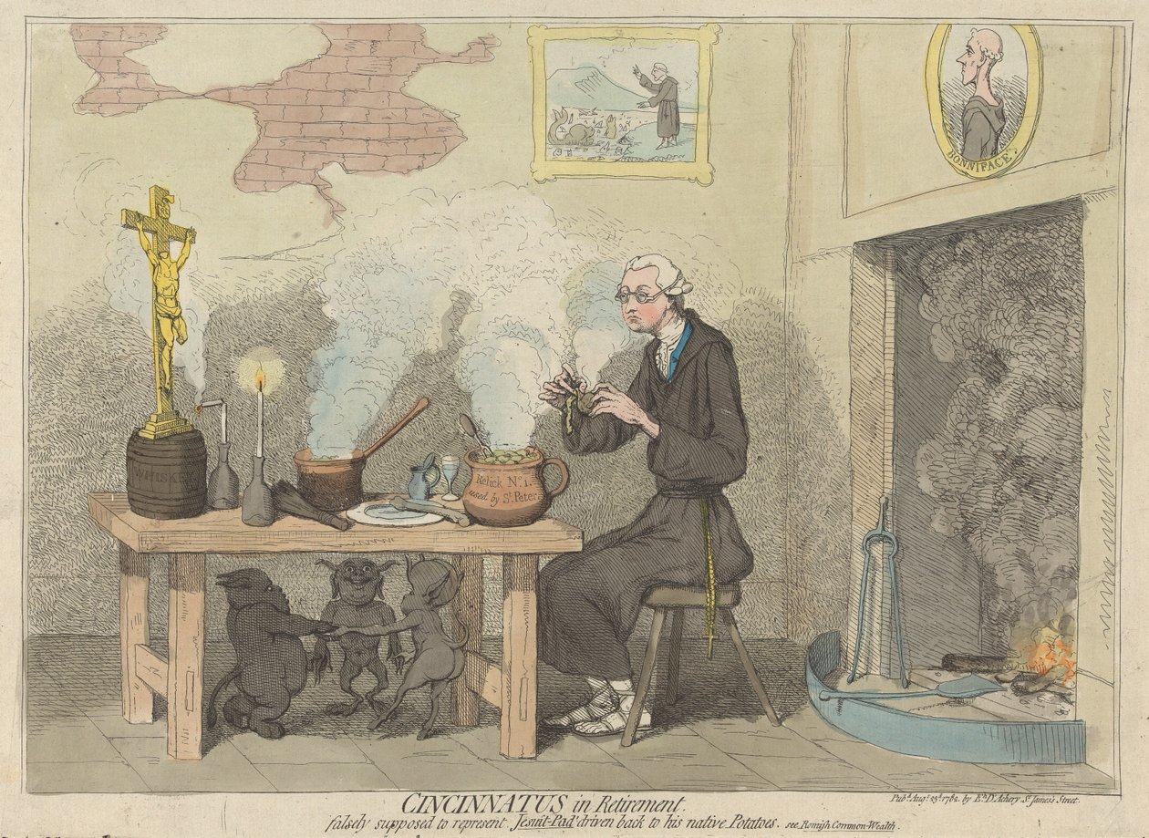 Cincinnato in pensione, falsamente ritenuto rappresentare il Gesuita-Pad ricacciato alle sue patate native. (da: Caricatura, vol. 2) da James Gillray