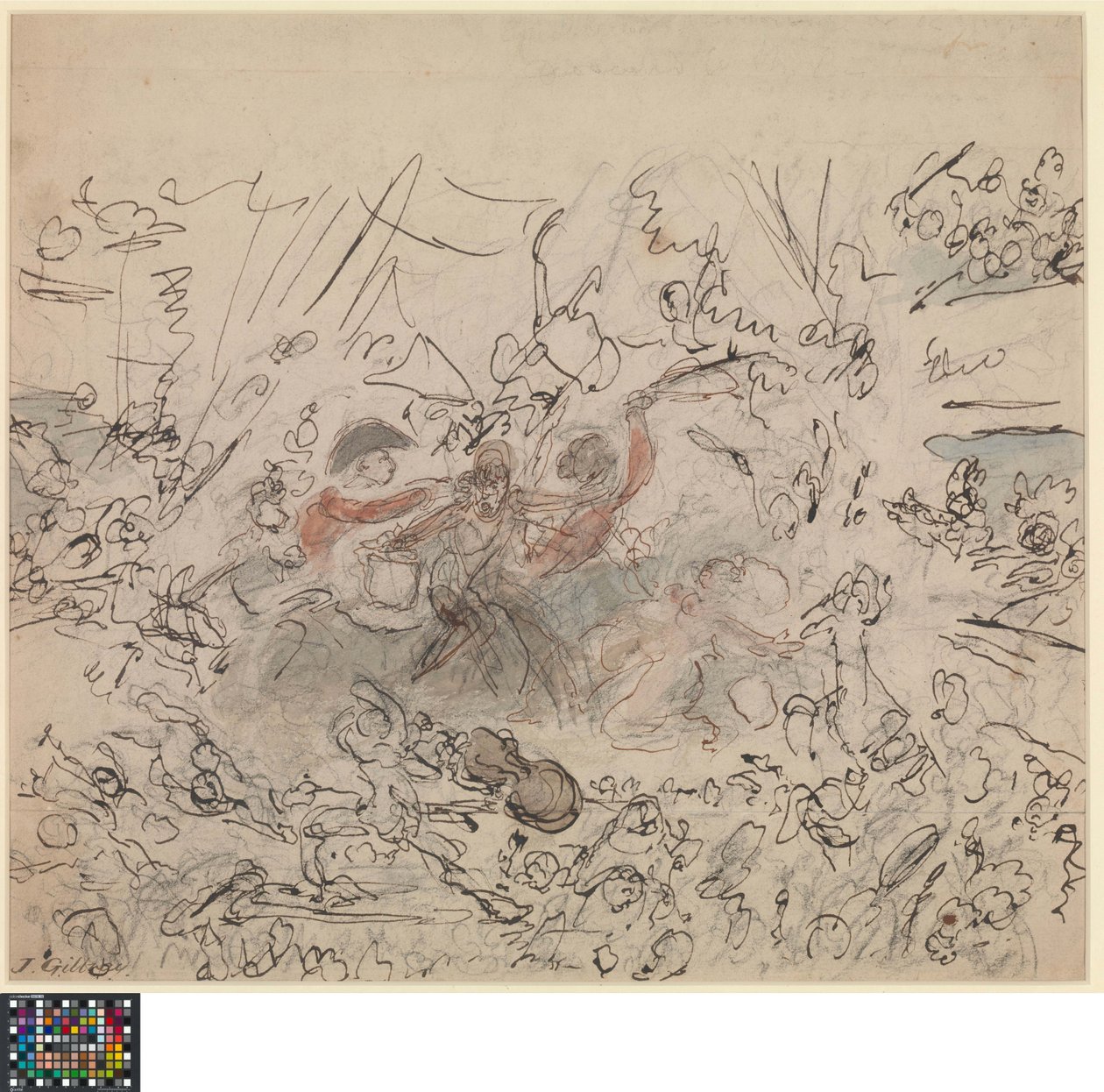 Olandese: Lo spettacolo del mondo: le guerre napoleoniche (recto).  Elenco di soggetti "degni del talento degli artisti britannici" (verso). da James Gillray