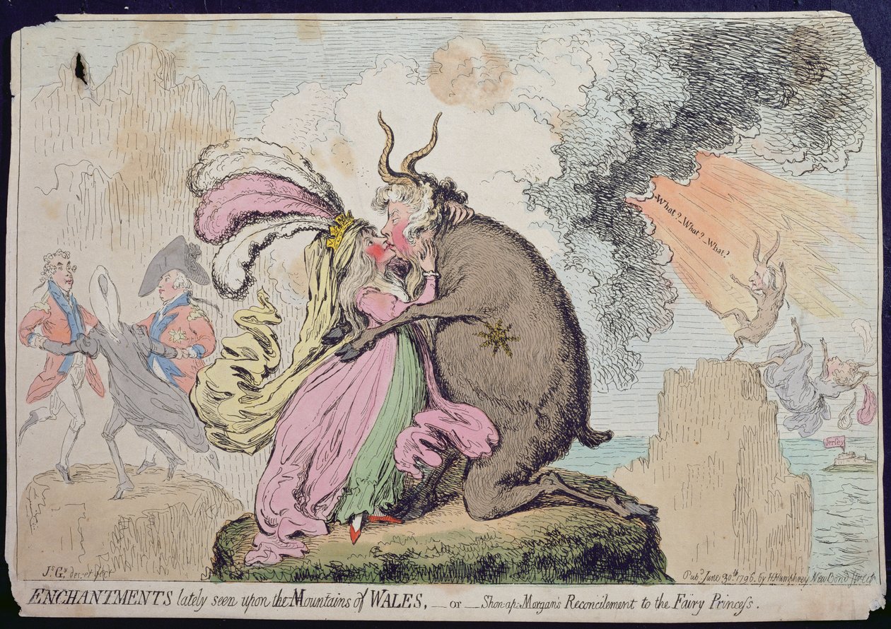 Incantesimi recentemente visti sulla montagna del Galles, o la riconciliazione di Shon-ap-Morgan con la principessa delle fate, pubblicato da Hannah Humphrey nel 1796 da James Gillray
