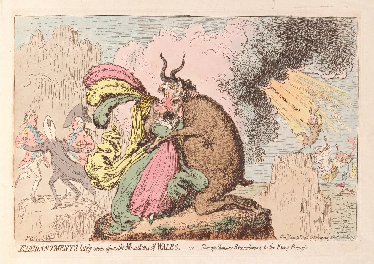 Incantesimi visti di recente sulle montagne del Galles o la riconciliazione di Shon-ap Morgan con la principessa delle fate, pub. 1796 da James Gillray
