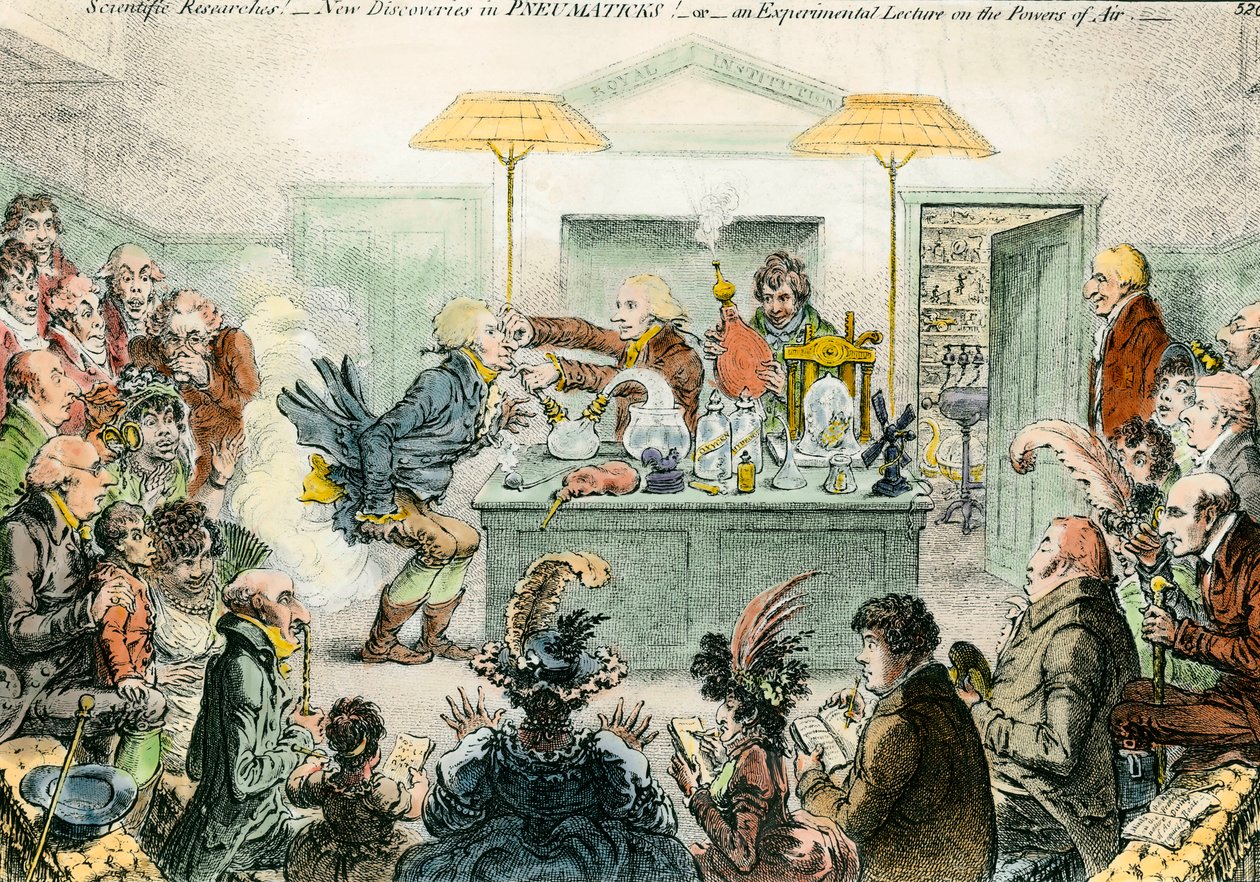 Satira inglese sulla scienza: nuove scoperte in materiali pneumatici da James Gillray