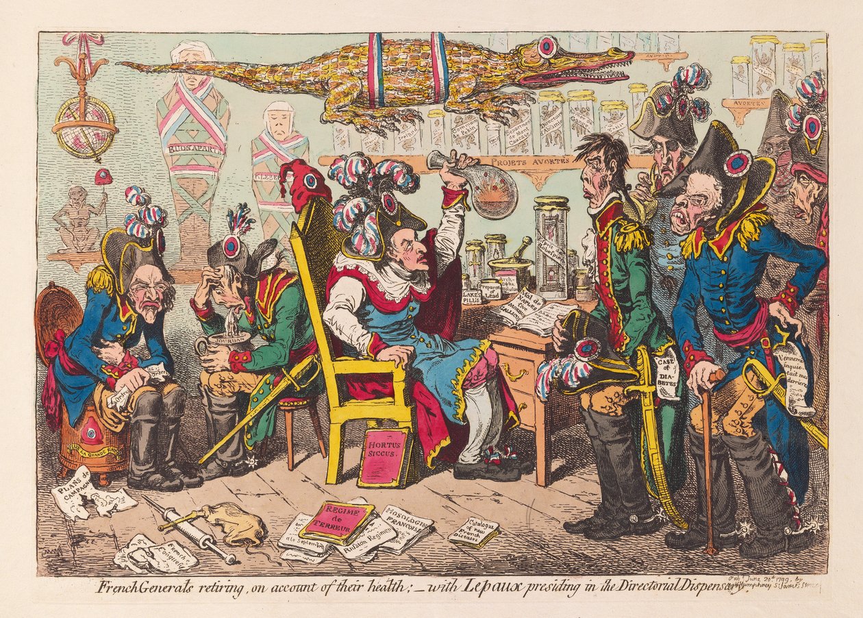 Generali francesi che si ritirano per motivi di salute: - con Lepaux che presiede al dispensario direttoriale, pub. 1799 da James Gillray