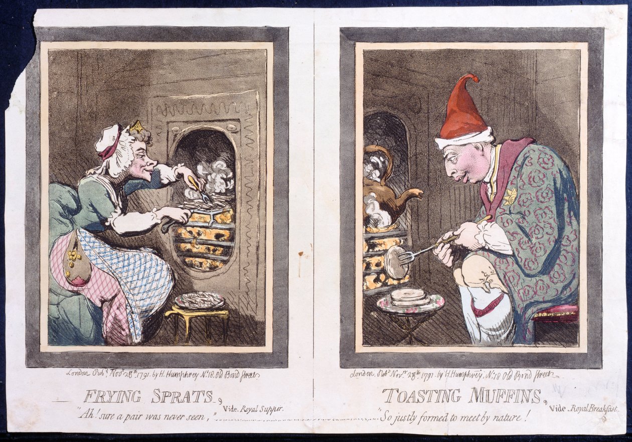 Frittura di spratti, o cena reale, e tostatura di muffin, o colazione reale, pubblicato da Hannah Humphrey nel 1791 (incisione colorata a mano) da James Gillray