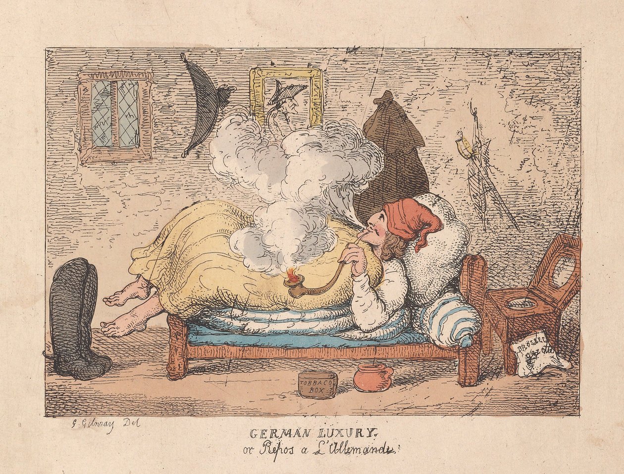 Lusso tedesco o riposo alla tedesca, pub. 1800 (incisione colorata a mano) da James Gillray