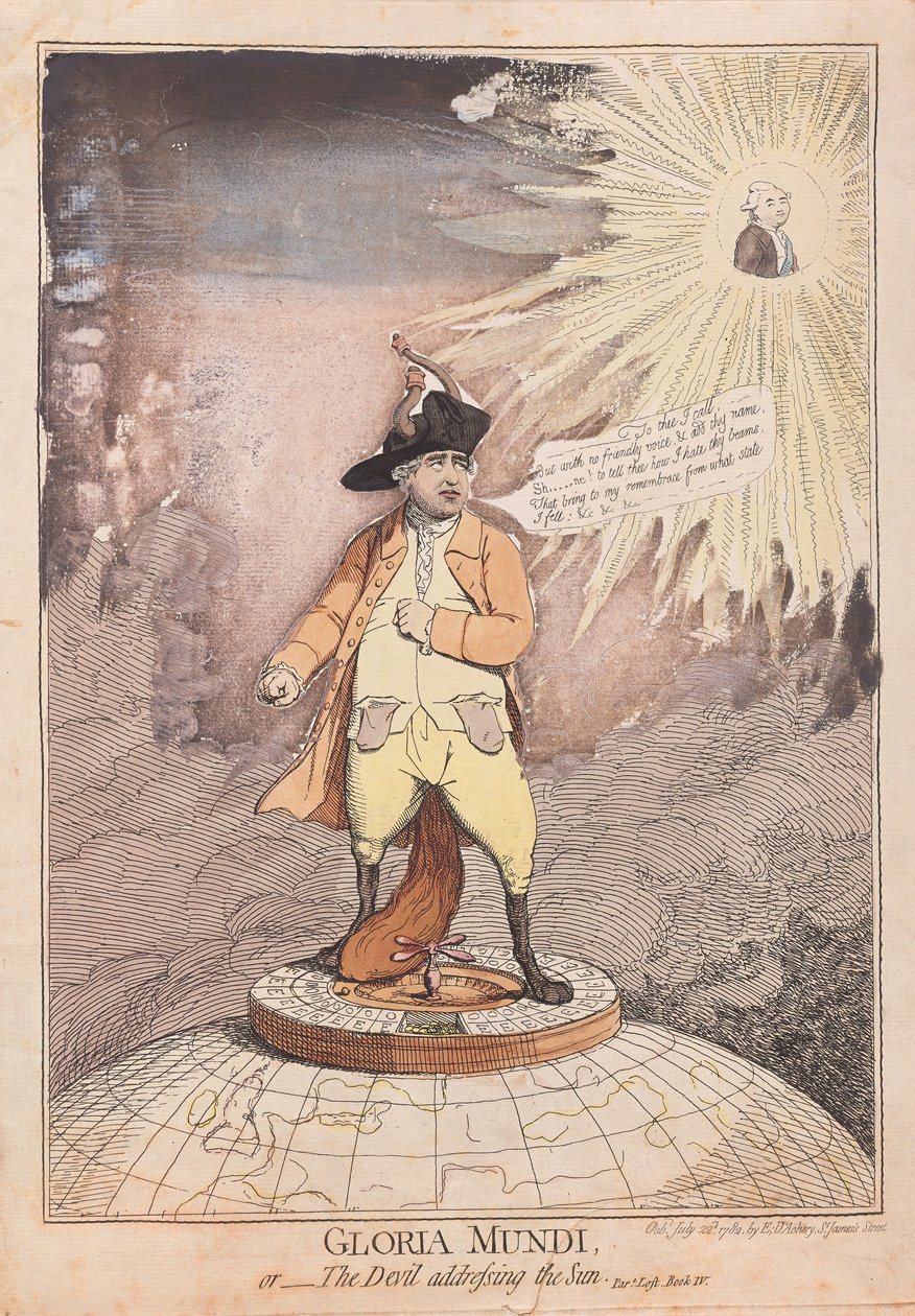 Gloria Mundi, o il diavolo che si rivolge al sole, pub. 1782 (incisione colorata a mano) da James Gillray