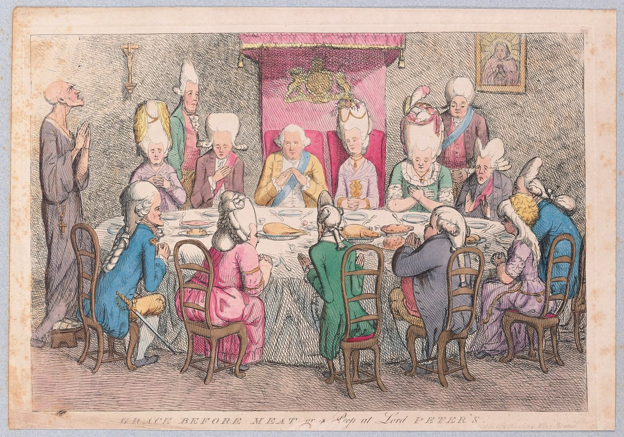 Grazie prima del pasto o uno sguardo a Lord Peters, pub. 1779 (incisione colorata a mano) da James Gillray