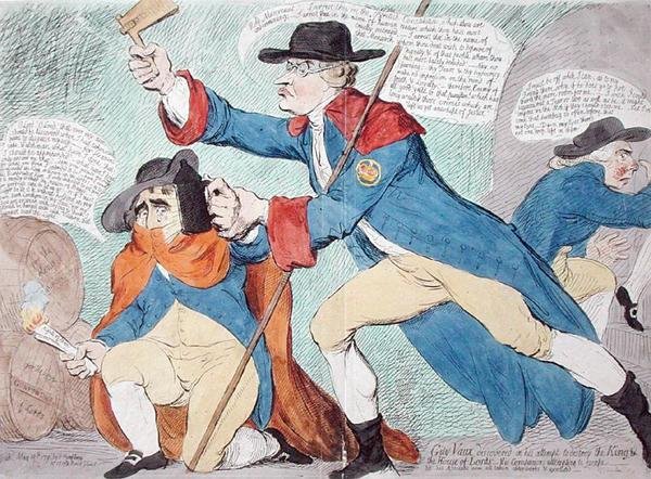 Guy Vaux scoperto nel tentativo di distruggere il Re e la Camera dei Lord da James Gillray
