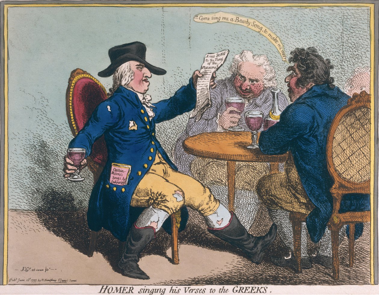 Omero che canta i suoi versi ai Greci, pubblicato da Hannah Humphrey nel 1797 da James Gillray