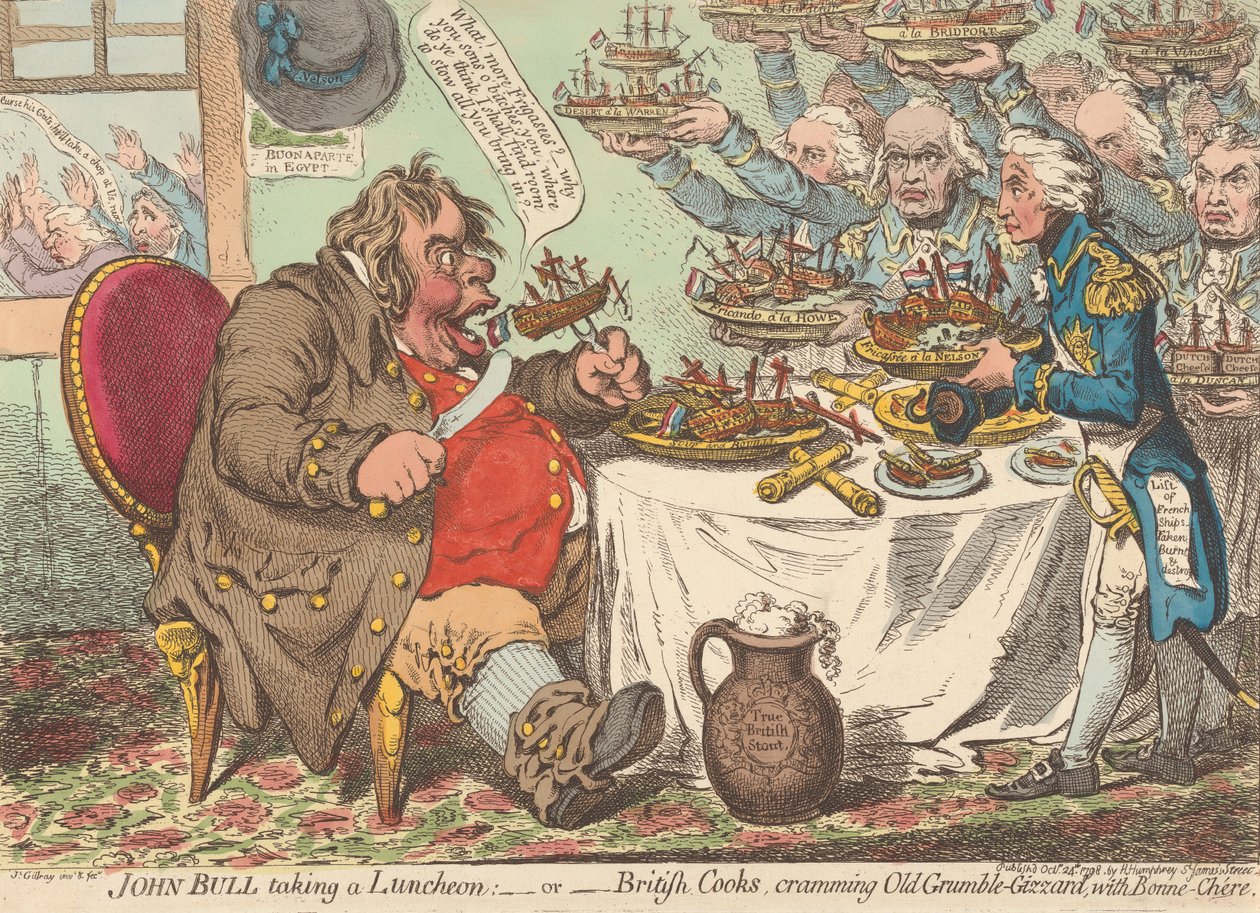John Bull a pranzo - ovvero - Cuochi britannici rimpinzano il vecchio Brontola-Stomaco con buona cucina (da: Caricature, vol. 1) da James Gillray
