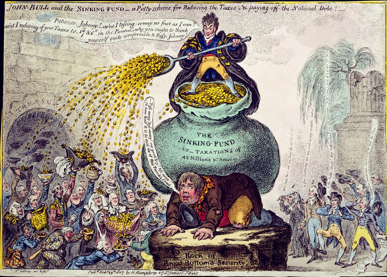 John Bull e il Fondo di Ammortamento o Un bel piano per ridurre le tasse e pagare il debito nazionale, pubblicato da Hannah Humphrey nel 1807 da James Gillray