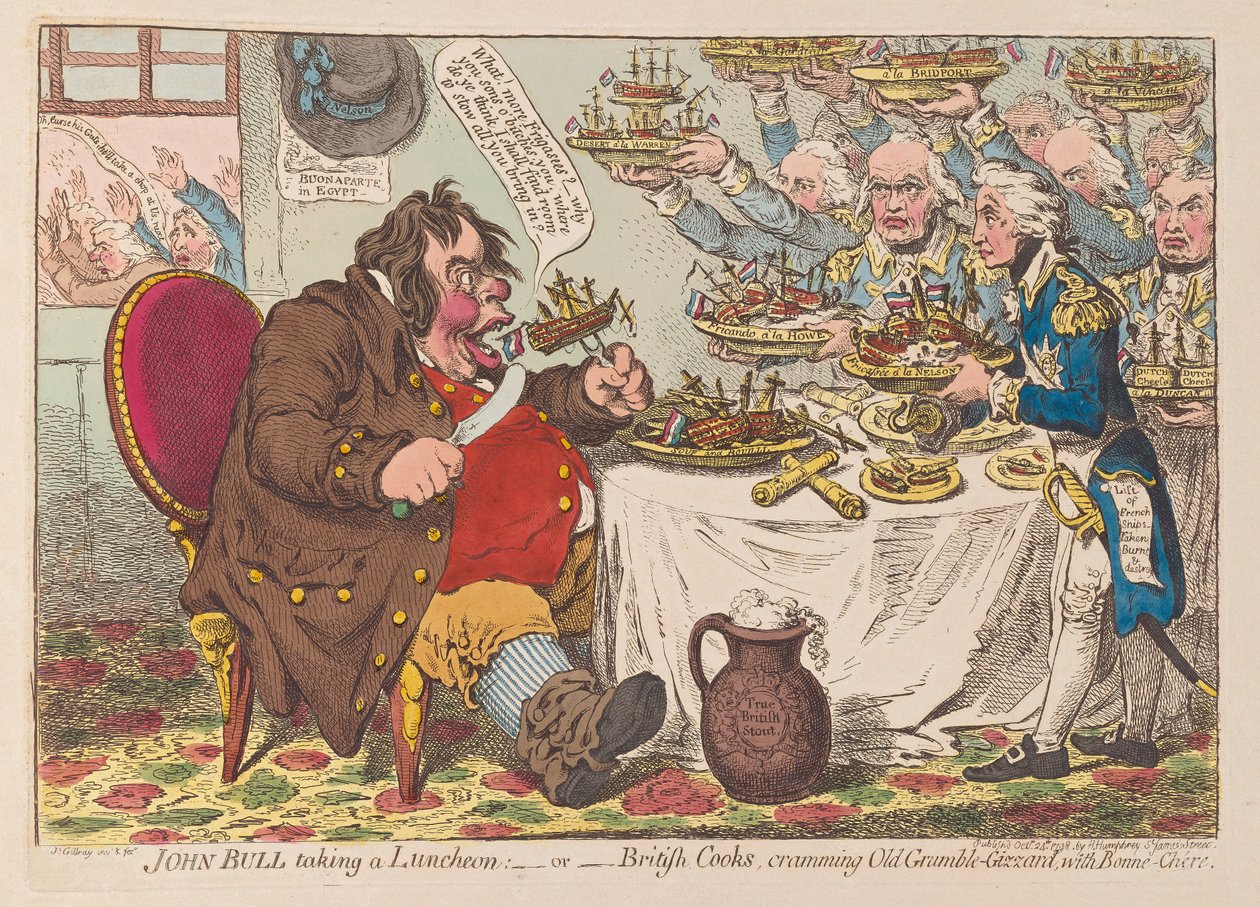 John Bull che pranza o cuochi britannici che riempiono Old Grumble Gizzard con Bonne Chere, pub. 1798 da James Gillray