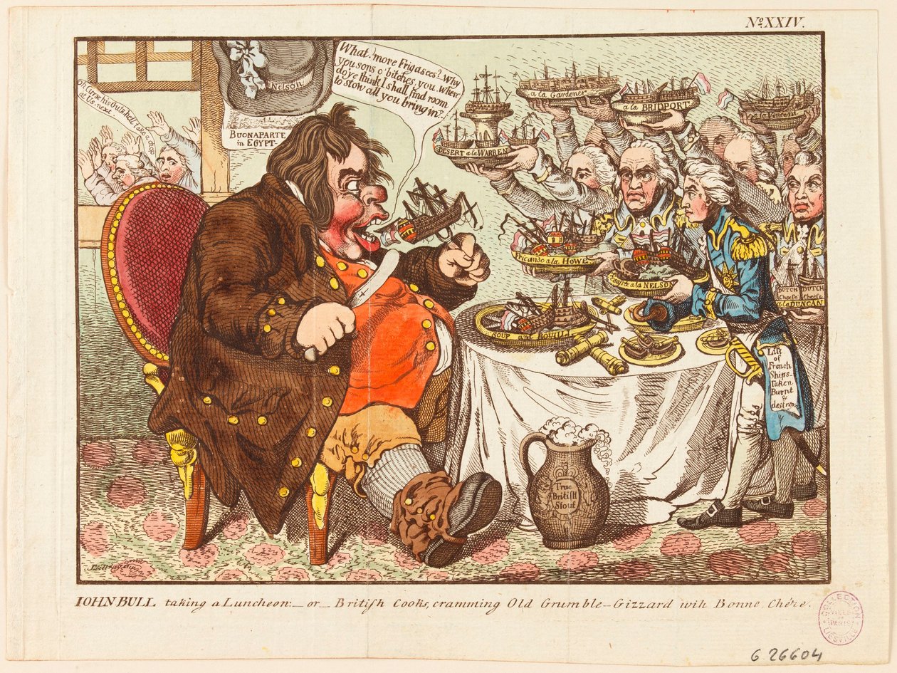 John Bull a pranzo: ovvero i cuochi britannici che rimpinzano il vecchio brontolone con prelibatezze da James Gillray