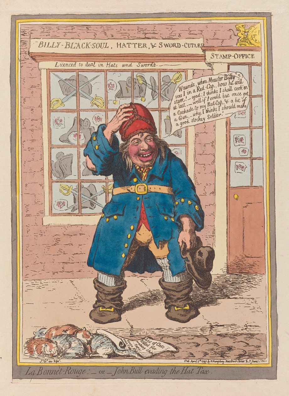 La Bonnet Rouge o John Bull che evade la tassa sul cappello, pub. 1797 da James Gillray