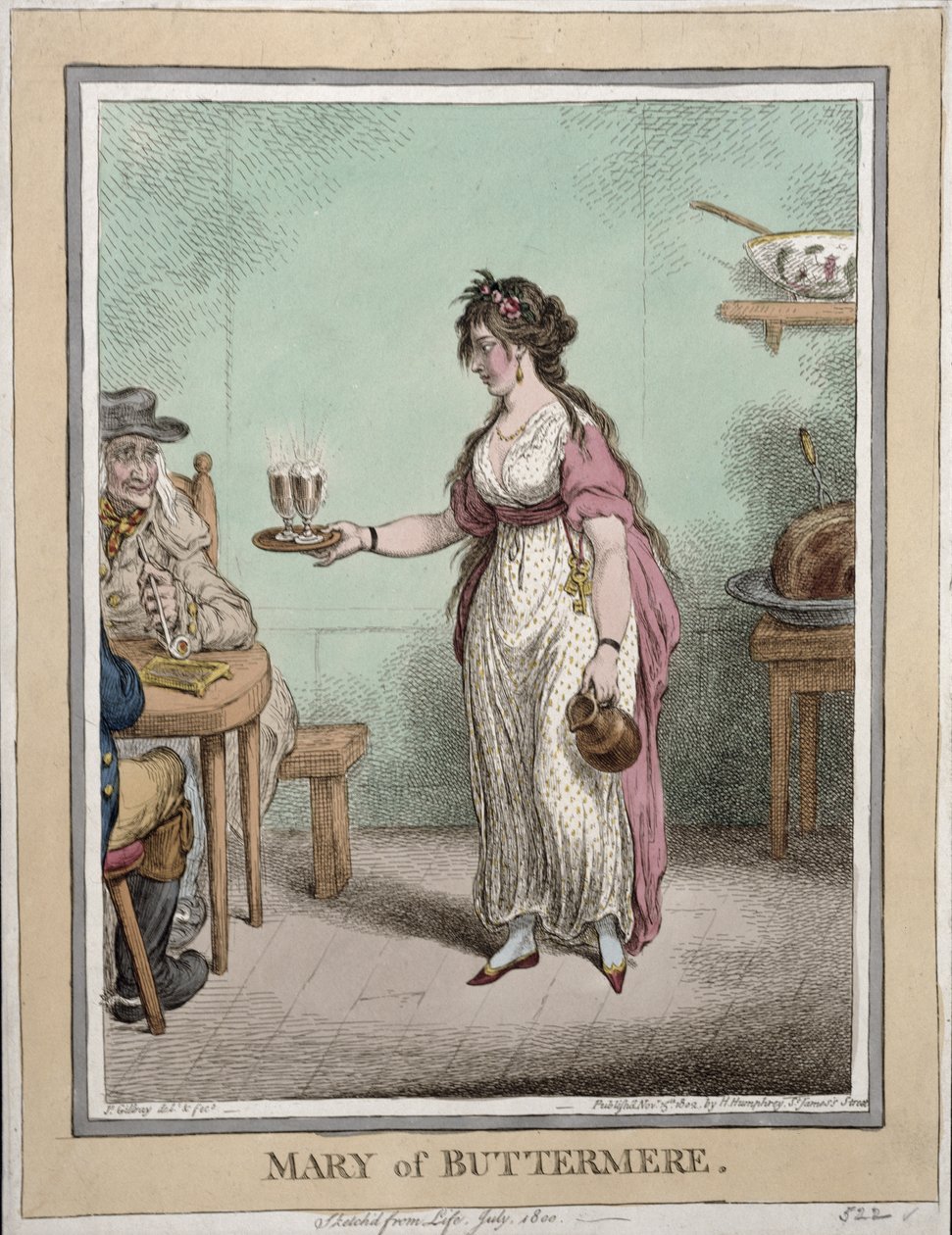 Maria di Buttermere, schizzata dal vivo nel luglio 1800, pubblicata da Hannah Humphrey nel 1802 da James Gillray
