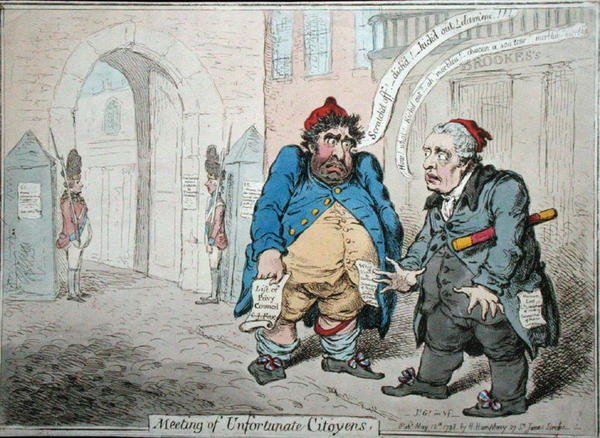 Incontro di cittadini sfortunati, pubblicato da Hannah Humphrey nel 1798 da James Gillray