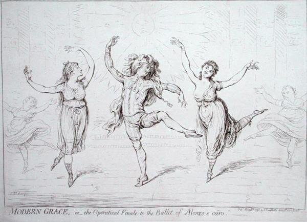 Grazia moderna, o il finale operistico del balletto di Alonzo e caro, pubblicato da Hannah Humphrey nel 1796 da James Gillray