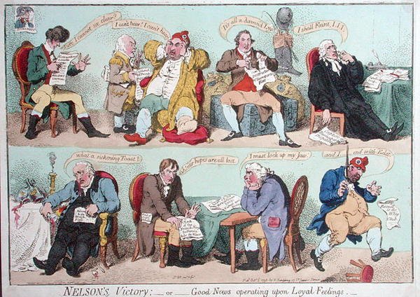 La vittoria di Nelson, o Buone notizie che operano su sentimenti leali, pubblicato da Hannah Humphrey nel 1798 da James Gillray
