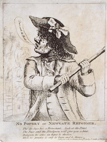 No Popery, o Riformatore di Newgate: possibilmente Ned Dennis con un distintivo 