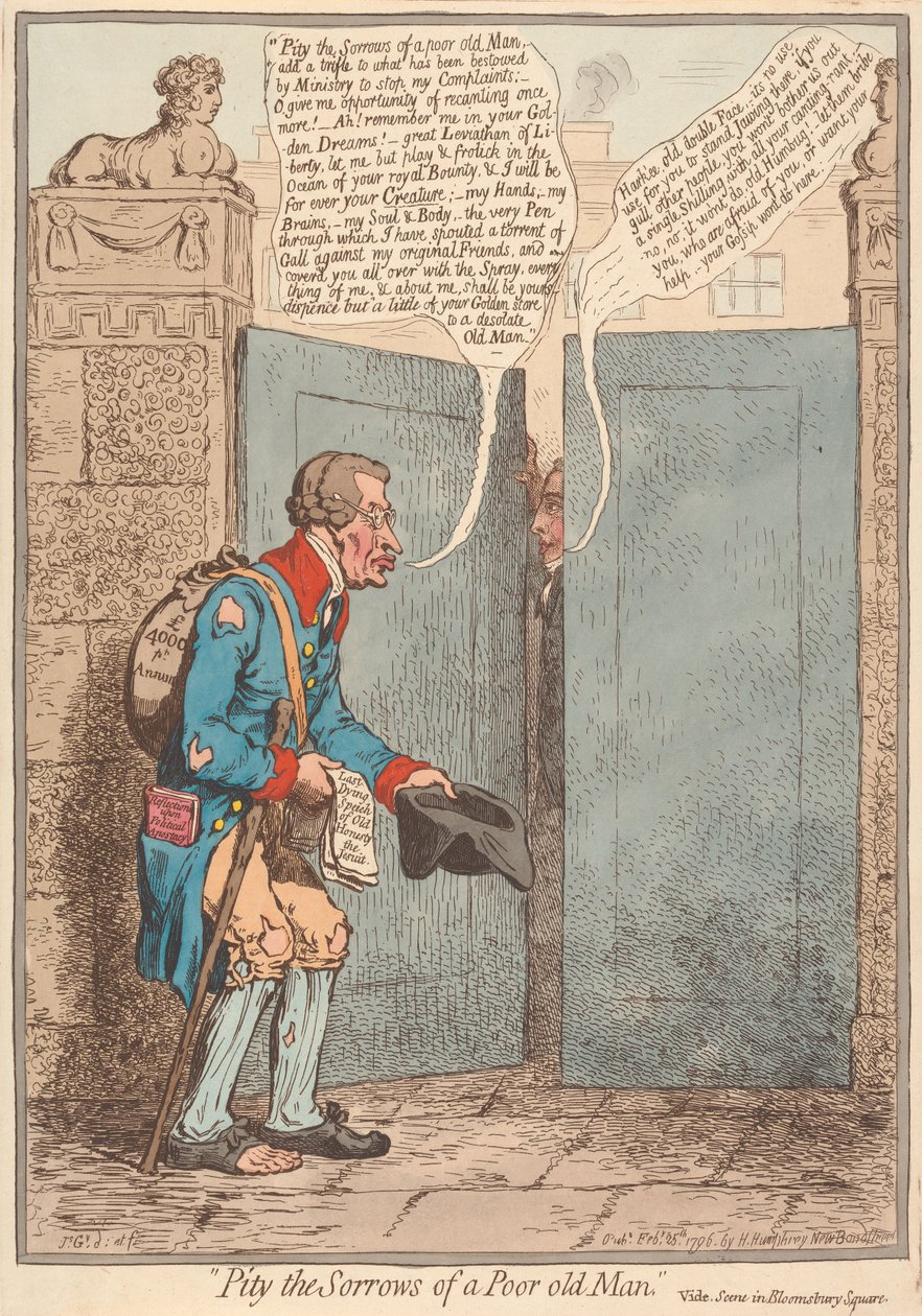 Compassione per le sofferenze di un povero vecchio, vedi la scena a Bloomsbury Square da James Gillray