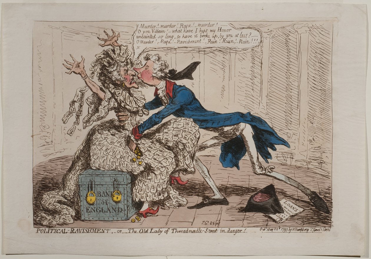 Ravishment Politico, o La Vecchia Signora di Threadneedle Street in pericolo!, pubblicato da Hannah Humphrey, 1797 da James Gillray