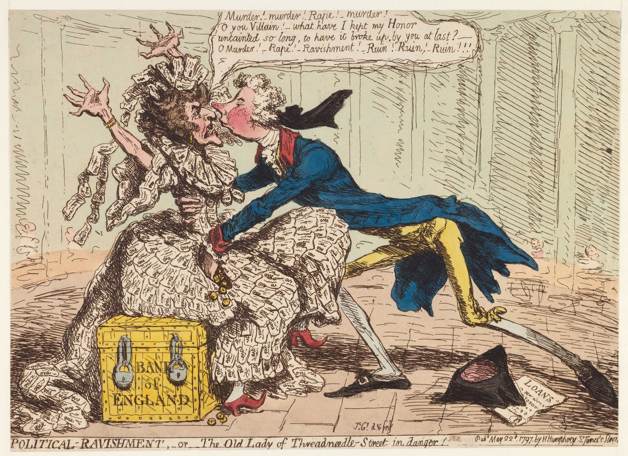 Ravishment politico, o la vecchia signora di Threadneedle Street in pericolo!, 1797 da James Gillray