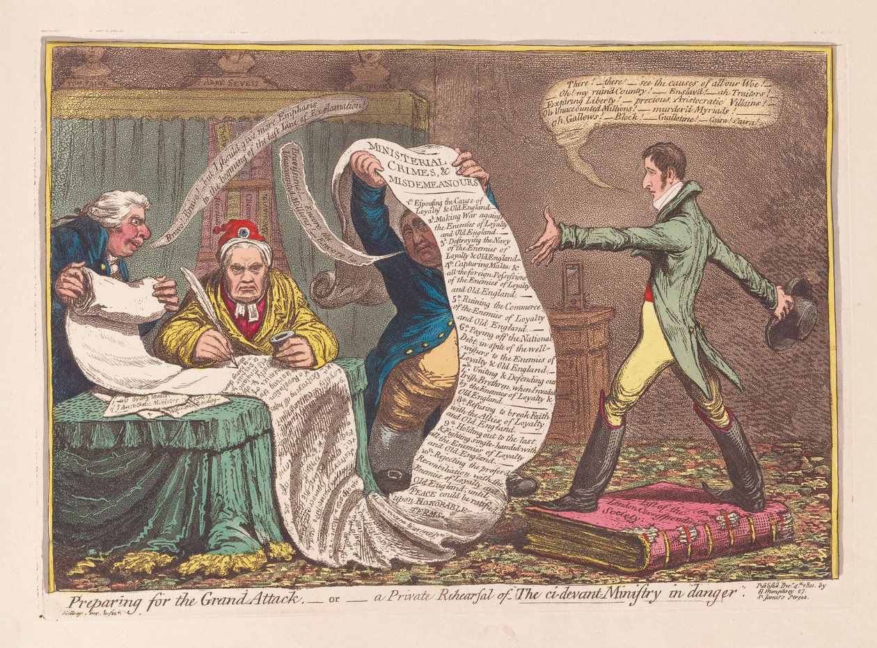 Preparazione per il Grande Attacco, o una Prova Privata del Ministero in Pericolo, pub. 1801 da James Gillray